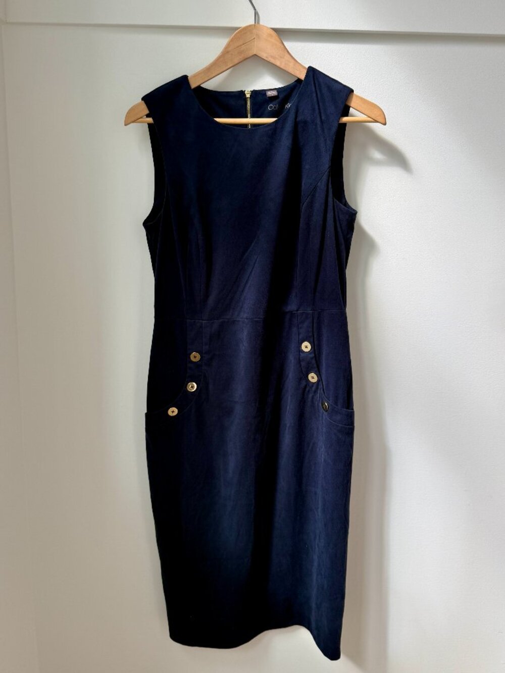 CALVIN KLEIN Indigo Blue Scuba Suede Sheath Dress with Gold Buttons
